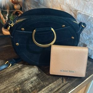 Michael kors small wallet like new, black suede round bag adjustable strap